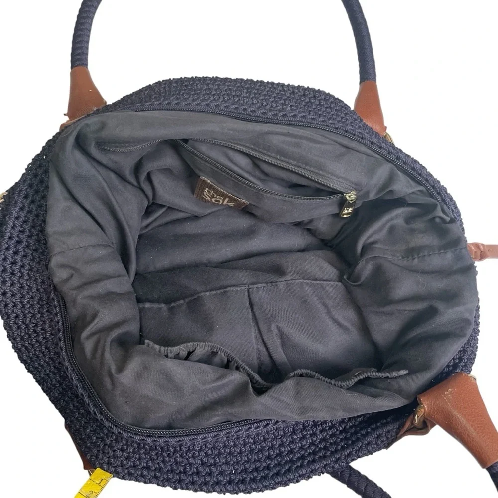 The Sak Cambria Crocheted Large Double Strap Zip‎ Top Tote Navy Woven Ribbon EUC